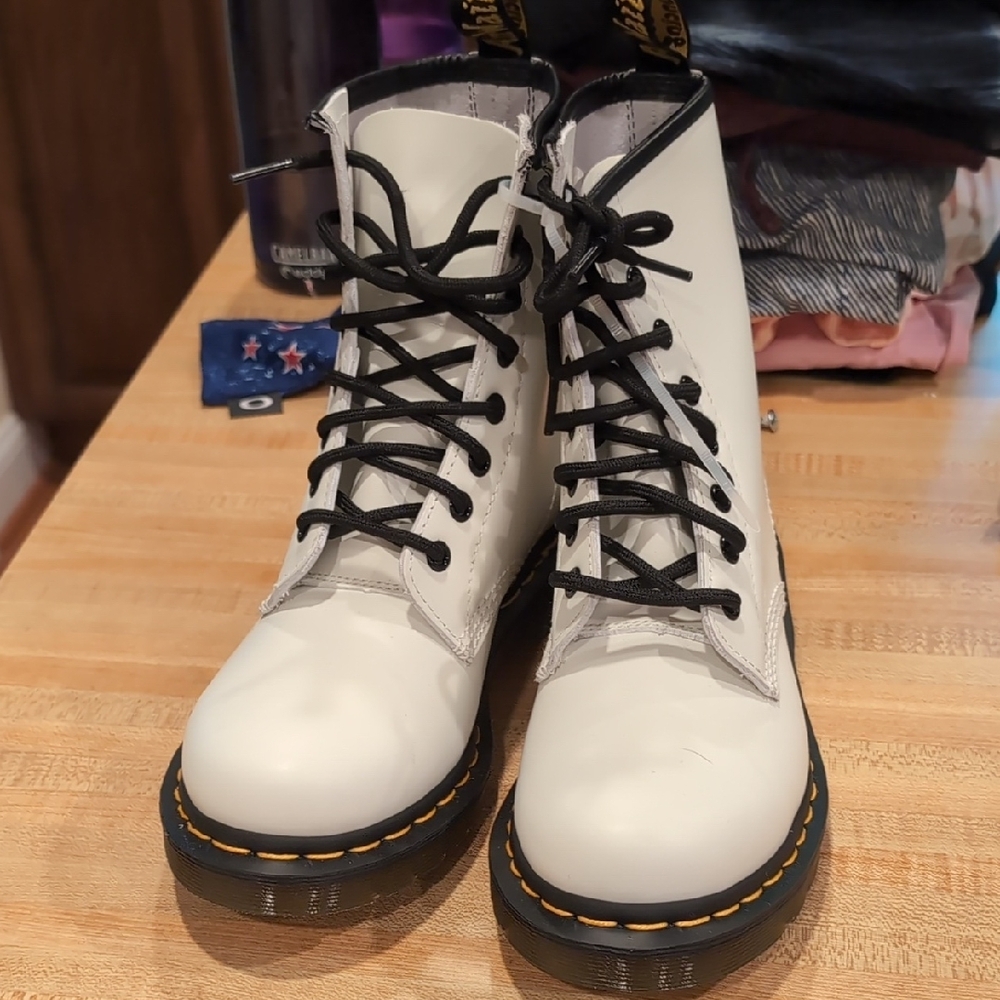 Dr. Martens Black and White Combat Boots with Yellow Stitching - Picture 4 of 6